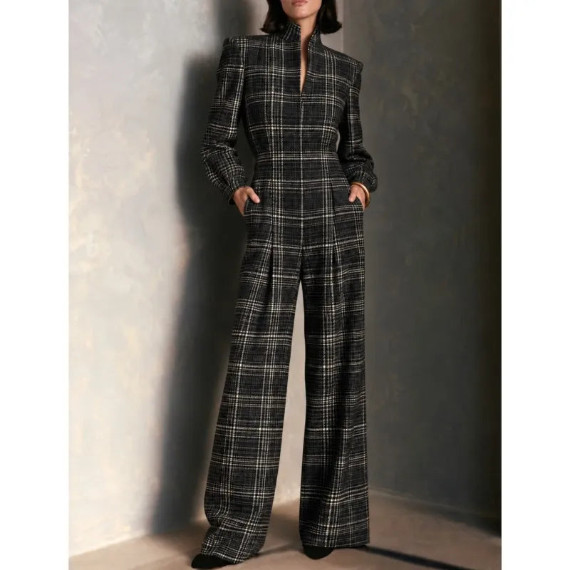 Temperament Plaid Printed Jumpsuit For Women Spring Autumn Fashion High Waist Wide Leg Romper Ladies Casual Jumpsuit With Pocket
