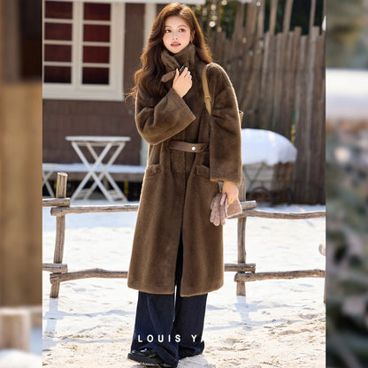 LOUIS YAO Stand Collar Faux Fur Women's Long Coat 2025 Winter Vintage Soft Faux Mink Chic Street Wear Long-Sleeved Warm Coat