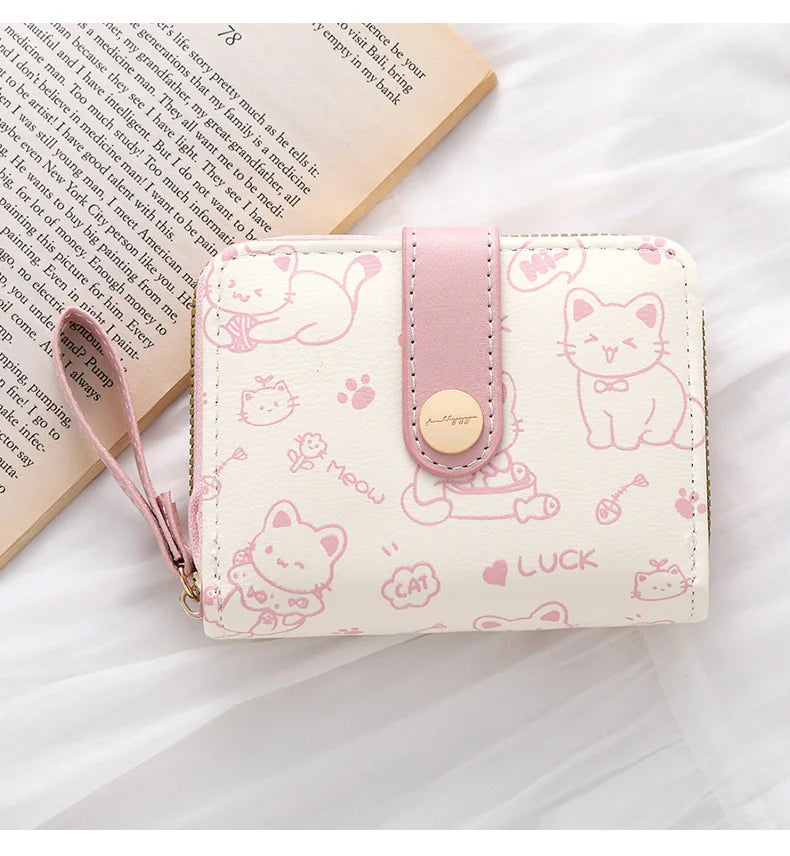 Cute Cat Coin Purse Women Fashion Short Wallet PU Leather Large Capacity Wallet Lightweight ID Card Holder Travel Cash Coin Bag