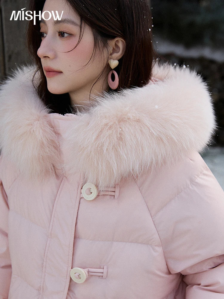 MISHOW Women's Long Down Coats 2025 Winter Fox Fur Collar 90% White Duck Down Down Jacket Warm Coat Large Pockets MXD112Y0070