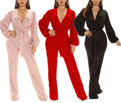 2026 Women's Elegant Sequined Jumpsuit Spring Summer Ladies Bling Bling V-neck High Waist Rompers Overalls with Lantern Sleeve