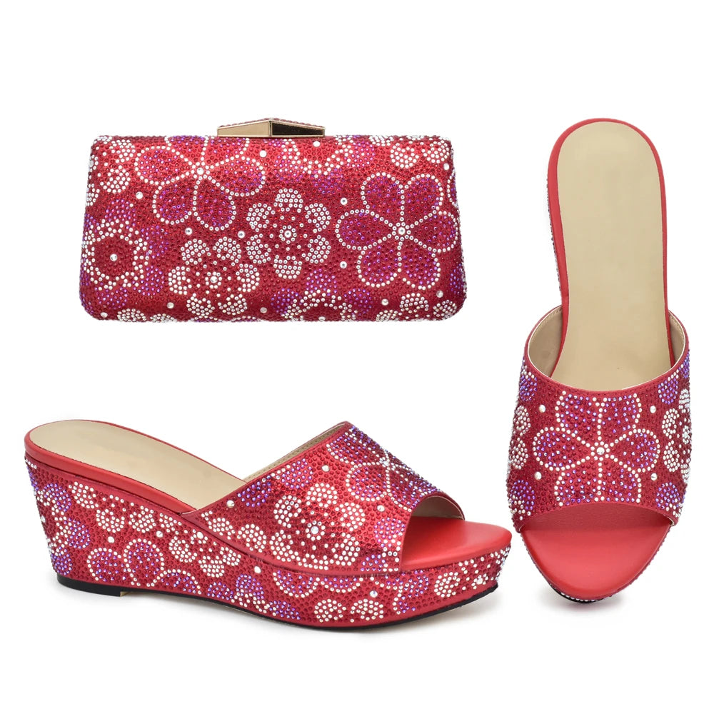 Classics Design Nigerian Women Shoes Matching Bag Set with Shinning Crystal Wedges Shoes for Women Italian Women Party Pumps