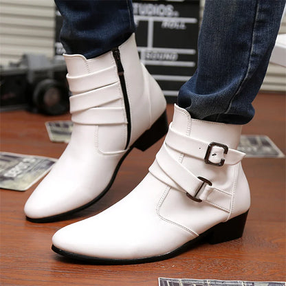 Leather Chelsea Boots Men Designer 2024 White Dress Boots Men Casual High top Buckle Strap Formal Shoes Men Motorcycle Boots