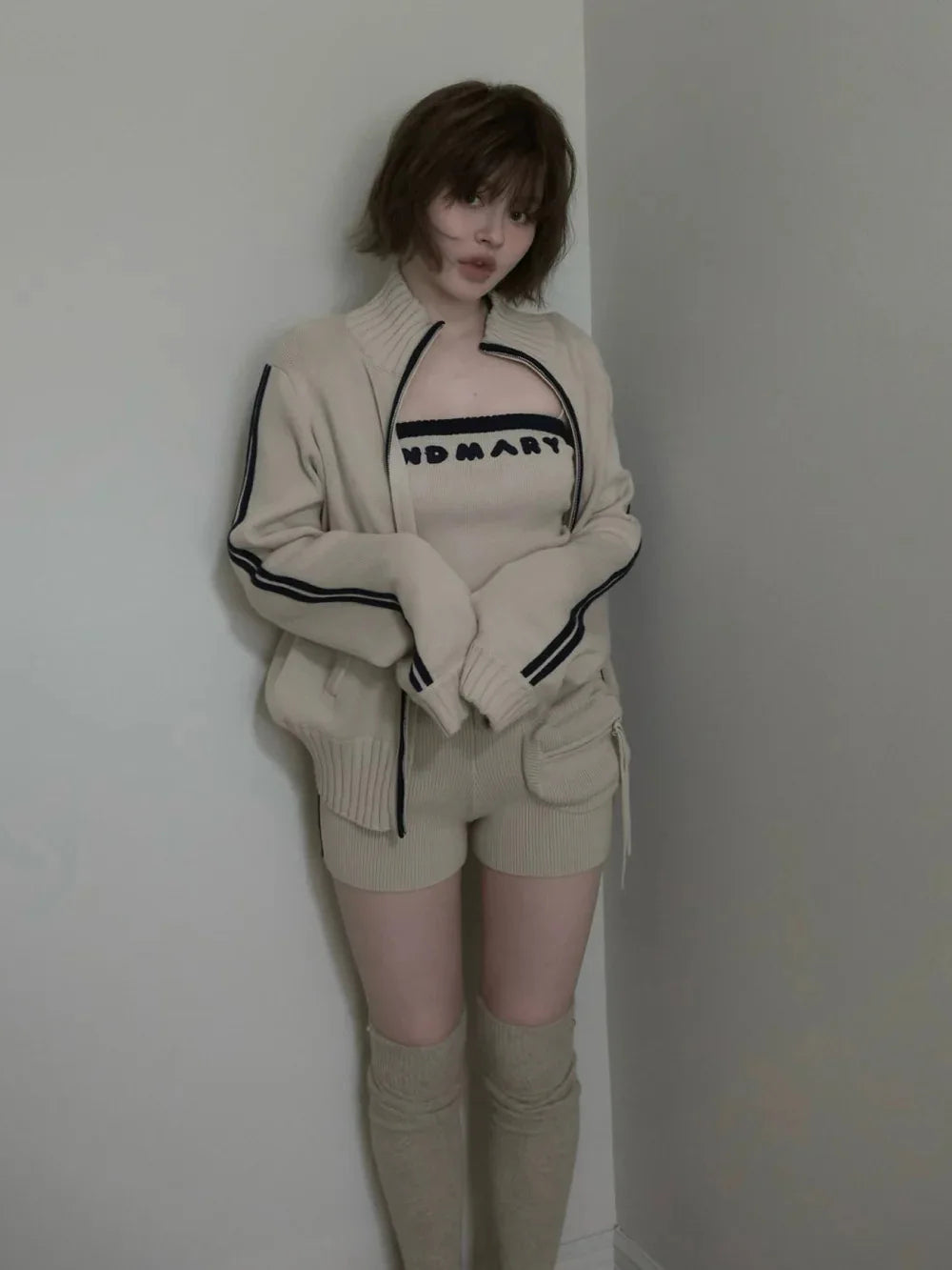Japanese Spring Autumn 3-piece Set Sweet Striped Zipper Cardigan Tube Top High Waist Shorts Set Y2K Street Style Casual Wear