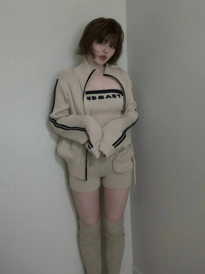 Japanese Spring Autumn 3-piece Set Sweet Striped Zipper Cardigan Tube Top High Waist Shorts Set Y2K Street Style Casual Wear
