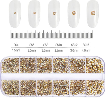 12Gird 3D Glass AB Crystal Nail Art Rhinestones Kit Flatback Round Bead Charm Gem Stones Jewelry Diamond with Tools for Nail Art