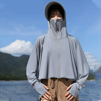 Solid Color Sunscreen Hoodie Long Sleeve Large Brim Hat Summer Sunscreen Shawl Thin Arm Sleeves Ice Silk Short Jacket Running