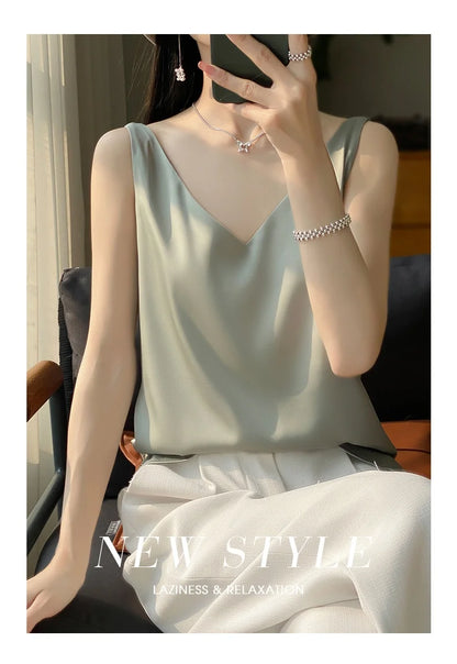 New Lce Silk Satin Camisole Women's Spring/Summer Solid Color Sleeveless Sexy Comfortable Silk Underwear Vest RW-D09