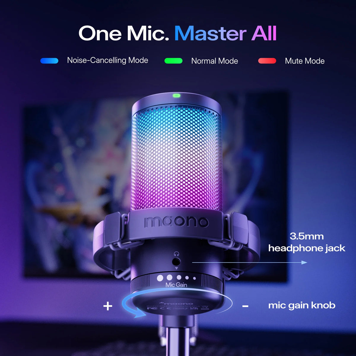 MAONO DGM20S Gaming USB Microphone Noise Cancellation RGB Lights Mute Zero Latency Monitoring for Living Streaming Podcasting