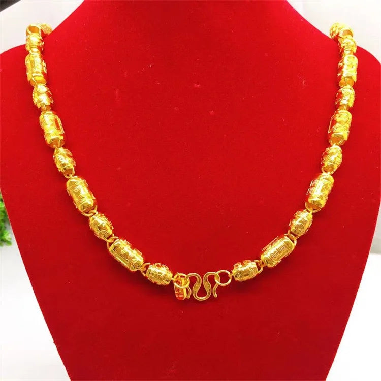 24K real gold hollowed out men's necklace with M buttons, men's boutique 9999 cylindrical necklace, light pearl gold jewelry