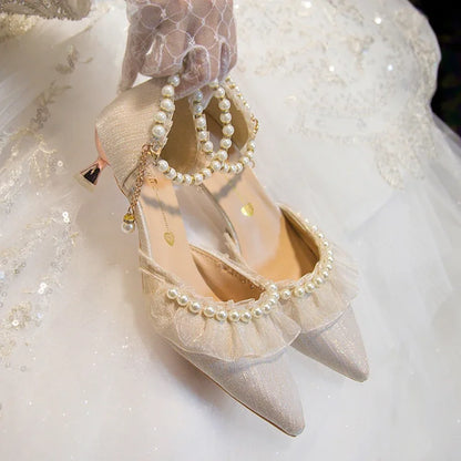 Elegant Pearl Weddings Bridal Pumps for Women 2026 Summer Silk Ankle Straps High Heels Shoes Woman Pointed Toe Dress White Shoes
