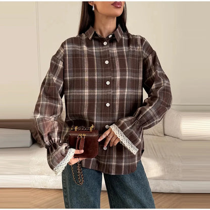 Plaid Short Trench Coat Women Lapel Collar Double Breasted Belted Waist Long Sleeve Loose Jacket 2026 Autumn Casual Chic Coats