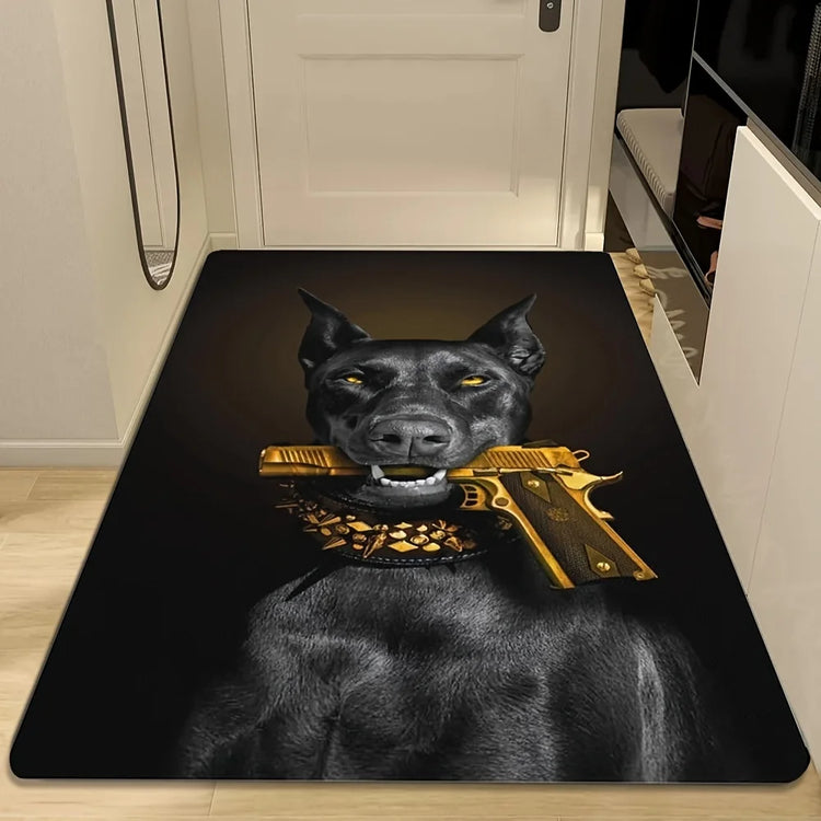 Cool Fashion Doberman with Gun Doormat, Non-Slip Entryway Rug, Durable Washable Floor Mat for Gym and Living Room