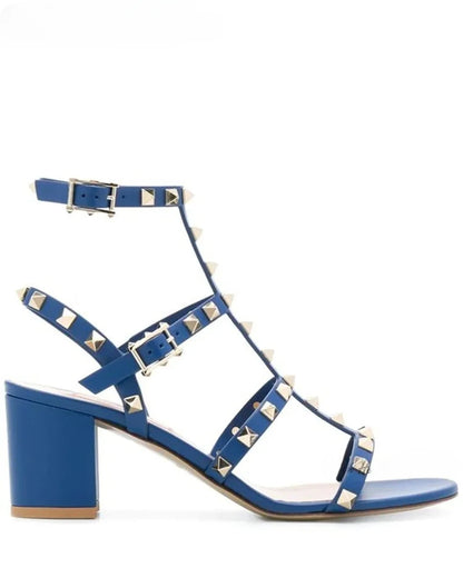 Rockstud Open Toe Block Heel Sandals Luxury Designer Ankle Straps Chunky Heels Women Summer Colorful Leather Pumps Dress Shoes
