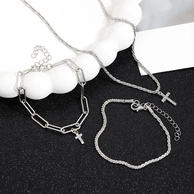Sparkling 925 Sterling Silver Gypsophila Necklace Bracelet Set For Women Luxury Zircon Cross Pendant Three Piece Jewelry Set