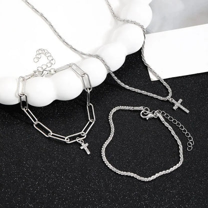 Sparkling 925 Sterling Silver Gypsophila Necklace Bracelet Set For Women Luxury Zircon Cross Pendant Three Piece Jewelry Set