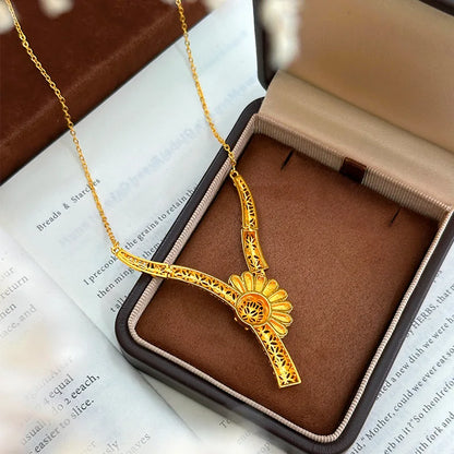 Niche Design Ethnic Style Hollow Bridal Wedding Sunflower Necklace 9999 24K Real Gold Hollow Exotic Style