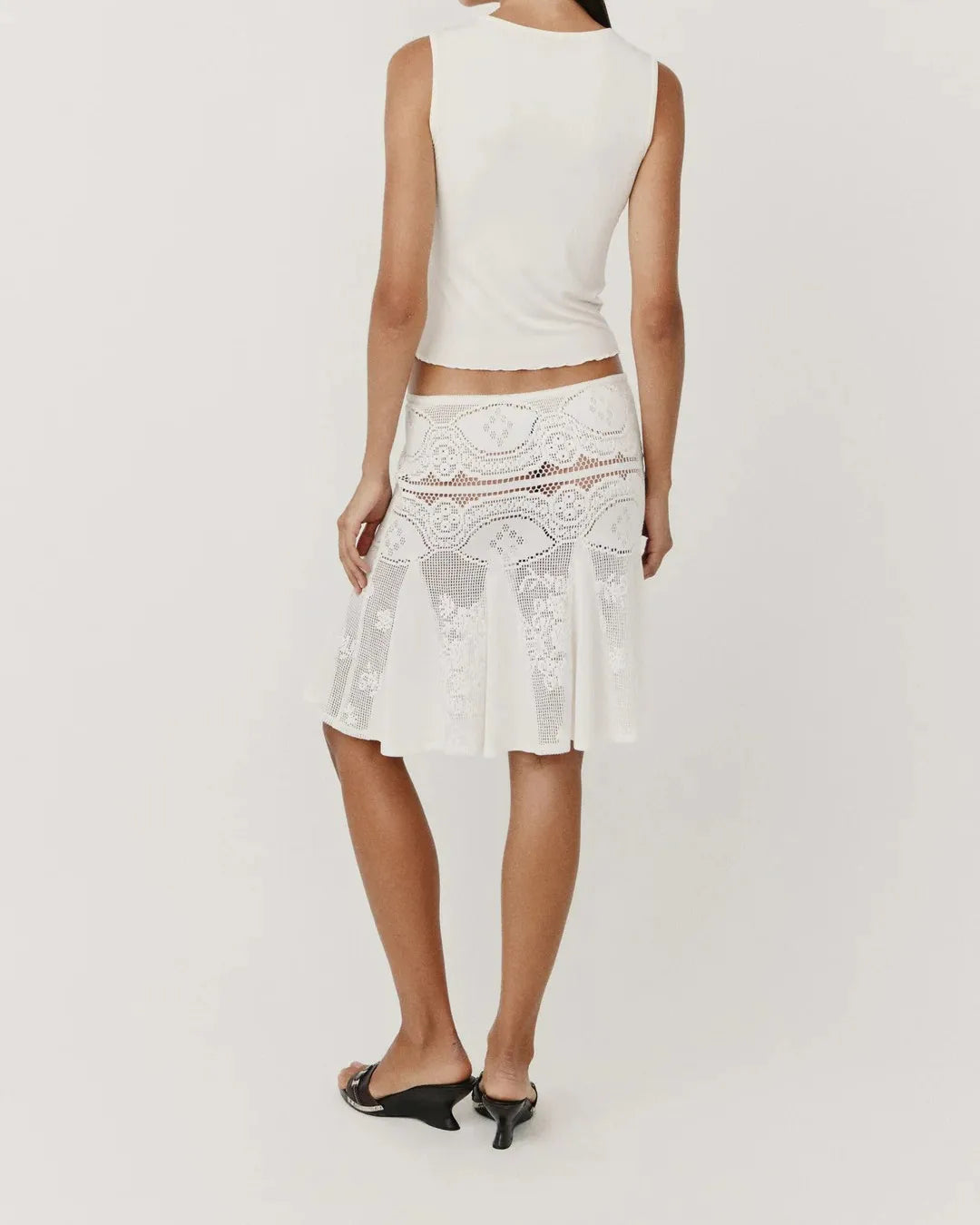 Wj Twisted V-Neck Sleeveless Top with Hollow-Out Crochet Fishtail Skirt Two-Piece Set, Hollow-Out Jacquard Flared Fishtail Skirt, Slim-Fit Waist-Cinching Tank Top, Slim-Fit Sleeveless Crochet See-Through Fishtail Skirt