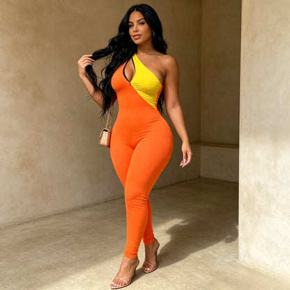 Women Patchwork Jumpsuits Skinny Rompers Full Lenth Sleeveless One Shoulder Top Pencil Pants Slim Office Lady Casual 2026 Summer