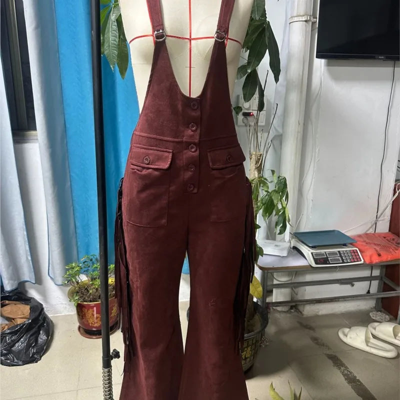 Western Vintage Solid Suede Tassel Female Jumpsuit Fashion Hollow Out Button Overalls 2026 Spring Strappy Bodysuit Woman Rompers