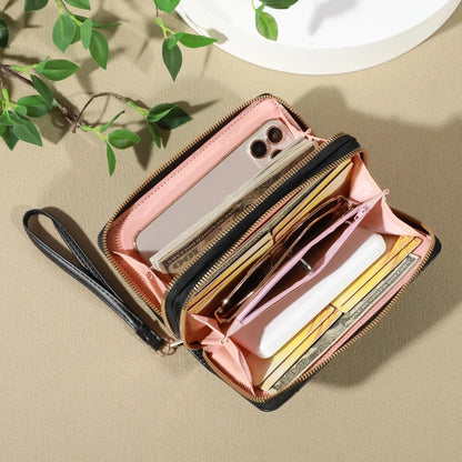 Chic Faux Leather Wallet - Double Zipper Security - Coin Purse & Card Slots - Fashionable Wristband Clutch for Everyday