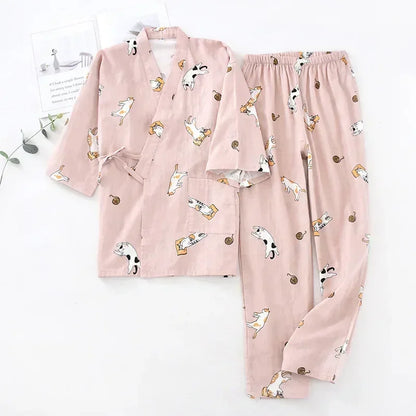 2026 new seven-sleeve Japanese-style kimono pajamas set female spring and autumn 100% cotton gauze home clothes cute sweet two-p