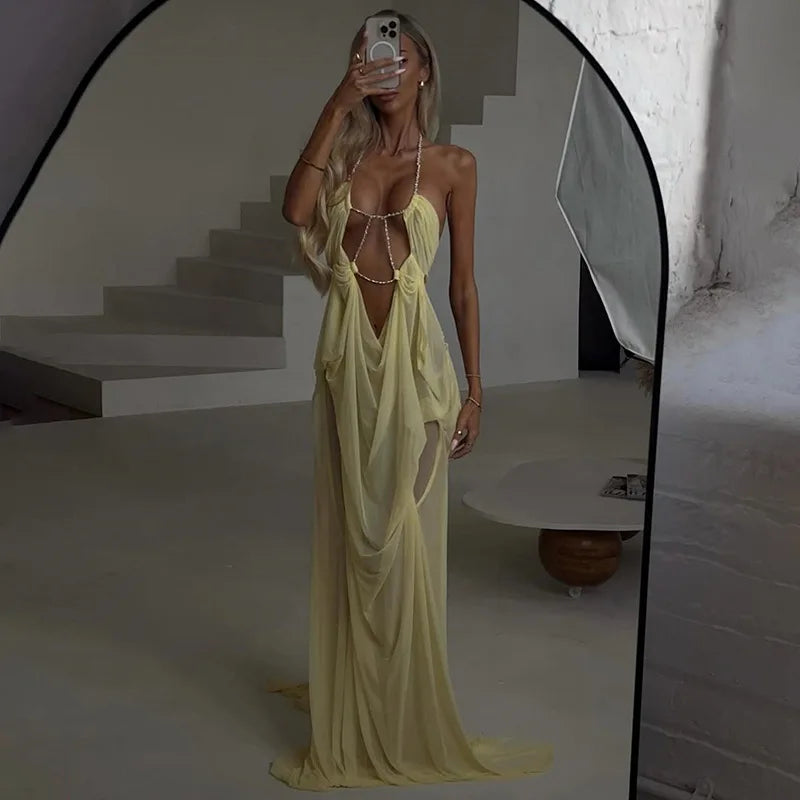 Prom Party Gown Dress Woman Sexy See Through Luxury Chain Halter Low-Neck Backless Sleeveless Midnight Elegant Vestidos