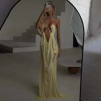 Prom Party Gown Dress Woman Sexy See Through Luxury Chain Halter Low-Neck Backless Sleeveless Midnight Elegant Vestidos
