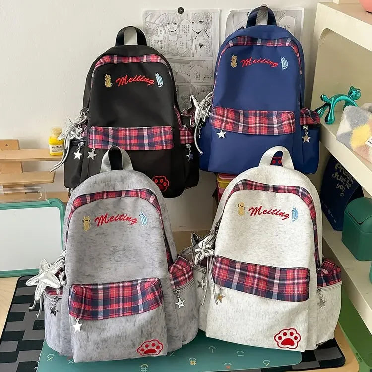 Preppy Style Blue Backpack for Girls, Plaid Spliced School Bag, Cute Nylon Daypack Star Pendant, Large Capacity Student Rucksack