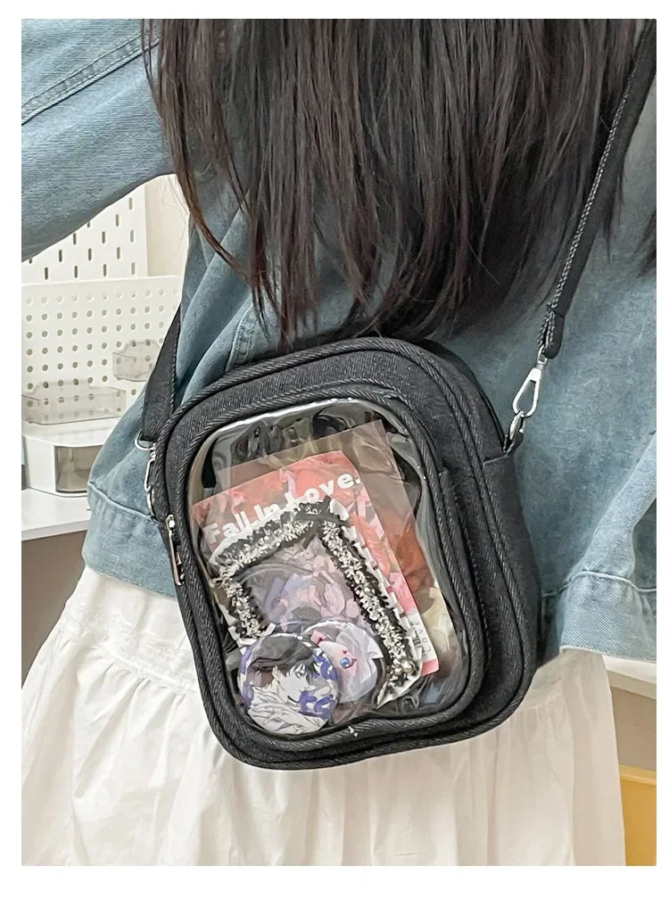 New Denim Ulzzang Ita Bags Female Transparent Badge Doll Show Crossbody Shoulder Bag Individuality Designer 2 Sides Bolso Mujer