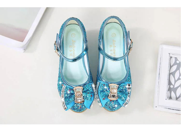 Princess Kids Leather Shoes for Girls Flower Casual Glitter Children High Heel Girls Shoes Butterfly Knot Blue Pink Silver