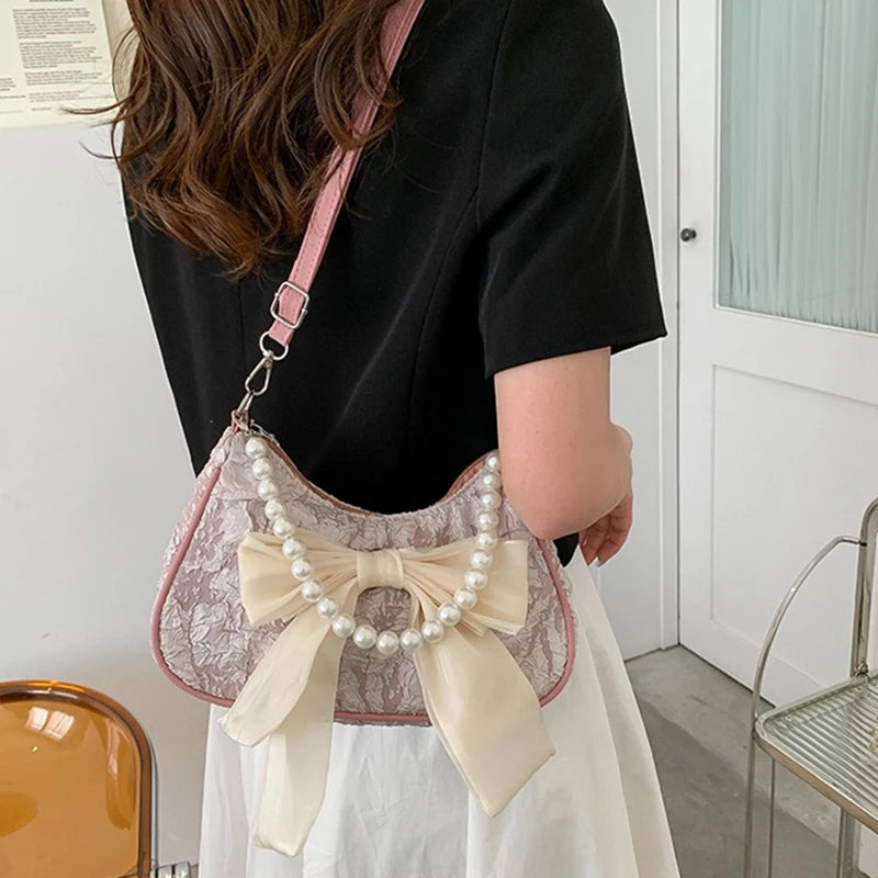 White Folds Pearl Female Bag Retro Luxury Designer Handbag Bow Crossbody Bags Fashion Y2K Vintage Women's Shoulder Bag Purses