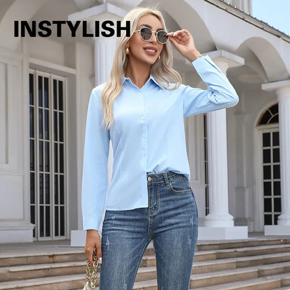 Women Elegant Solid Button Shirt Chiffon Blouse Spring Summer Casual Solid Long Sleeve Turn Down Collar Tunics OL Shirt Tops