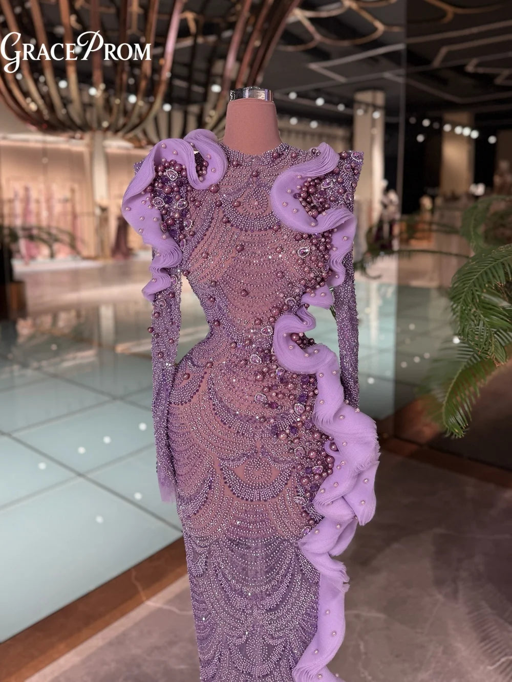 Exquisite Lavender Beaded Evening Gown Dreamy Sheer Neckline Ruffled Pearl Trim Formal Party Dress Wedding Guests فساتين سهرة