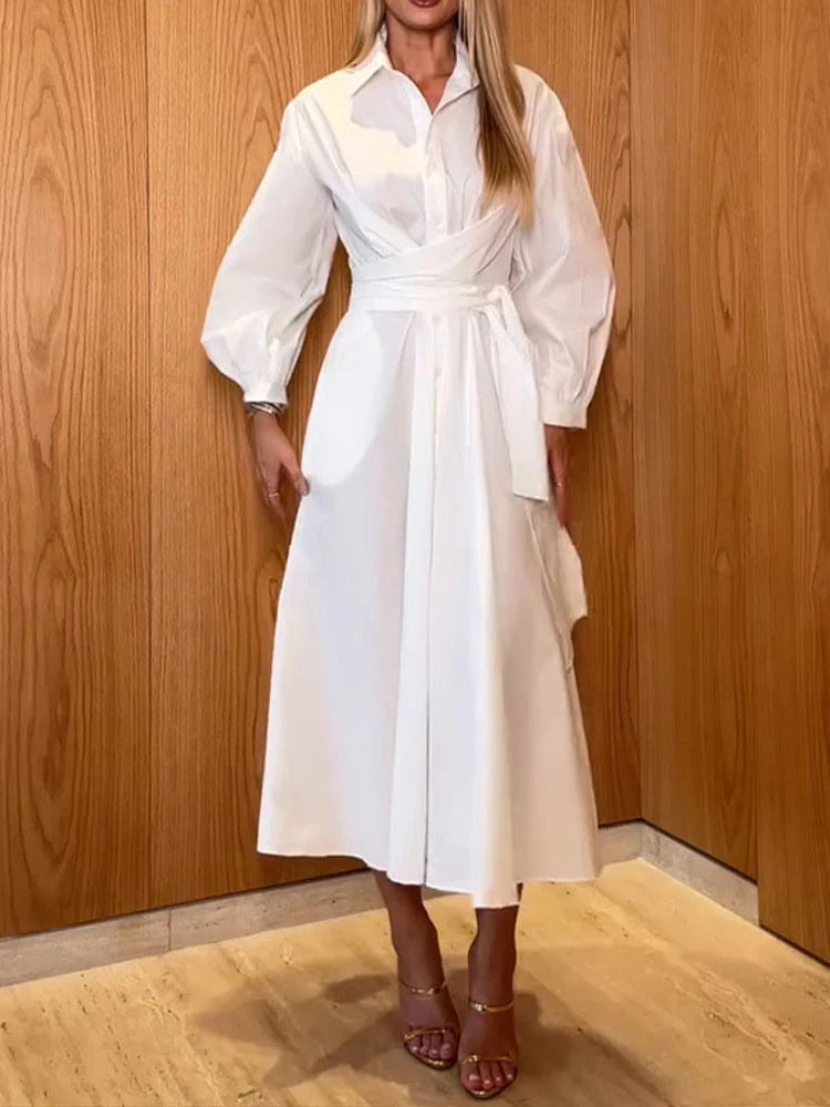 Fashion Women's Shirt Style Dress Waist-Closed Long Sleeve Turn-Down Collar Lace Up Dresses 2025 Summer Casual Female Vetidos