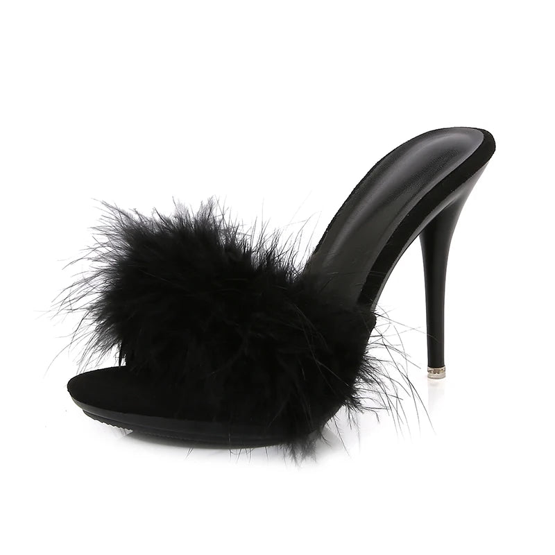 10CM Thin High Heel Summer Furry Slippers For Ladies Mules Fashion Fluffy Fur Slides Sandals 2025 New Brand Women's Party Shoes