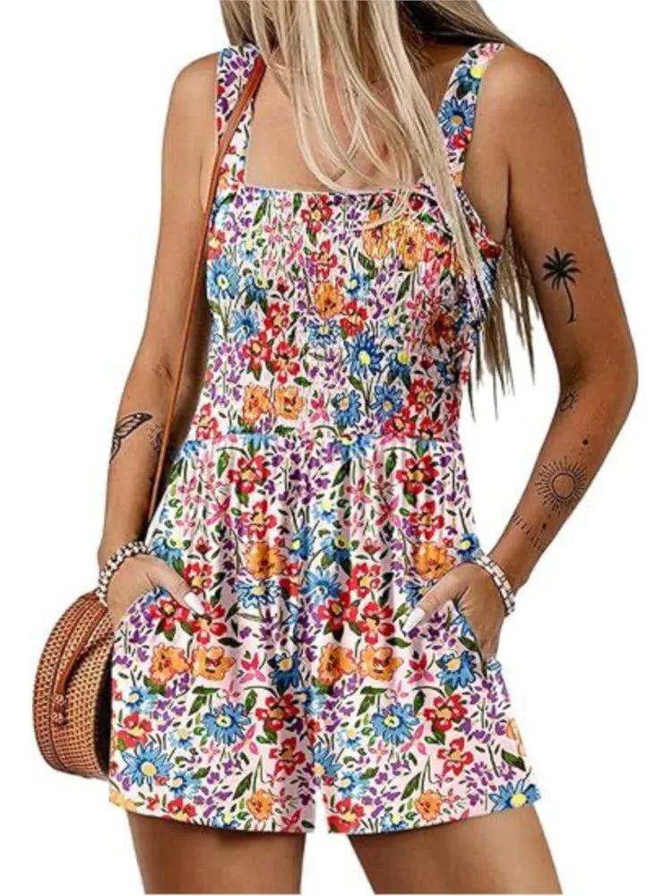 Femmes Print Jumpsuit Fashion Boho Beach Party Jumpsuits Lady Casual Sleeveless Pockets High Waist Shorts Jumpsuits Summer New