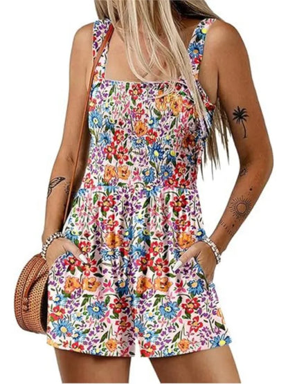 Femmes Print Jumpsuit Fashion Boho Beach Party Jumpsuits Lady Casual Sleeveless Pockets High Waist Shorts Jumpsuits Summer New