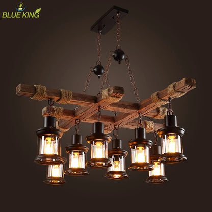 8 Lights Retro Wood Pendant Lights 8 Head Vintage Industrial Loft Glass Iron LED Chandelier Suspension Lamp Wooden Droplight