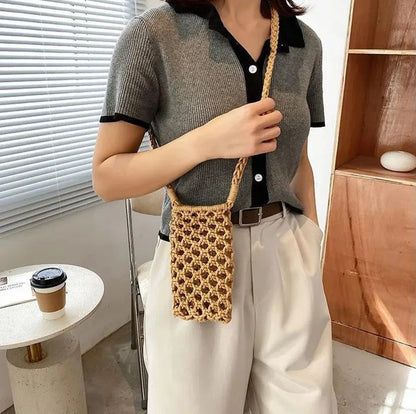 Hollow-out Woven Crochet Small Crossbody Phone Bag Women Fashion Solid Color Lightweight Braided Shoulder Handbag Crossbody Bags