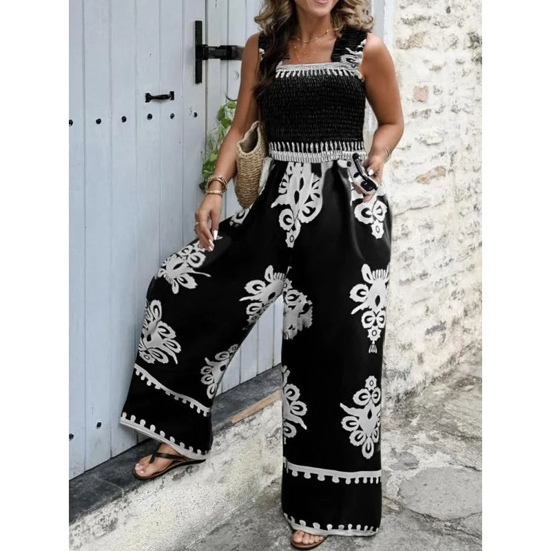 Plus Size Women's Chic Graphic Printing Sleeveless Square Neck Full Length Wide Leg Vacation Jumpsuits For Women