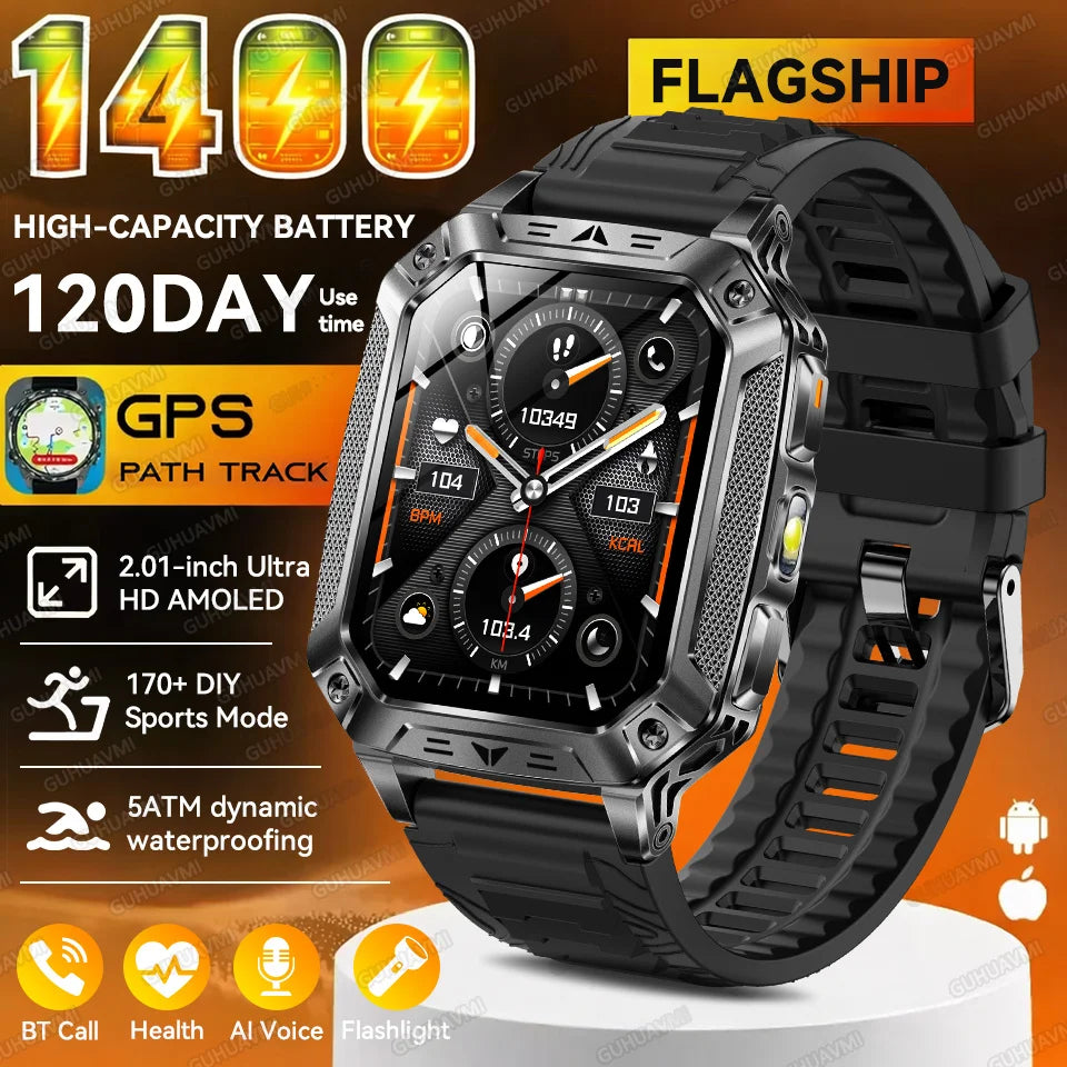 2026 New Outdoor GPS Smart Watch 1400mAh High Capacity Battery 2.01" Sapphire Screen 10ATM Waterproof Dual-color Lamp Smartwatch
