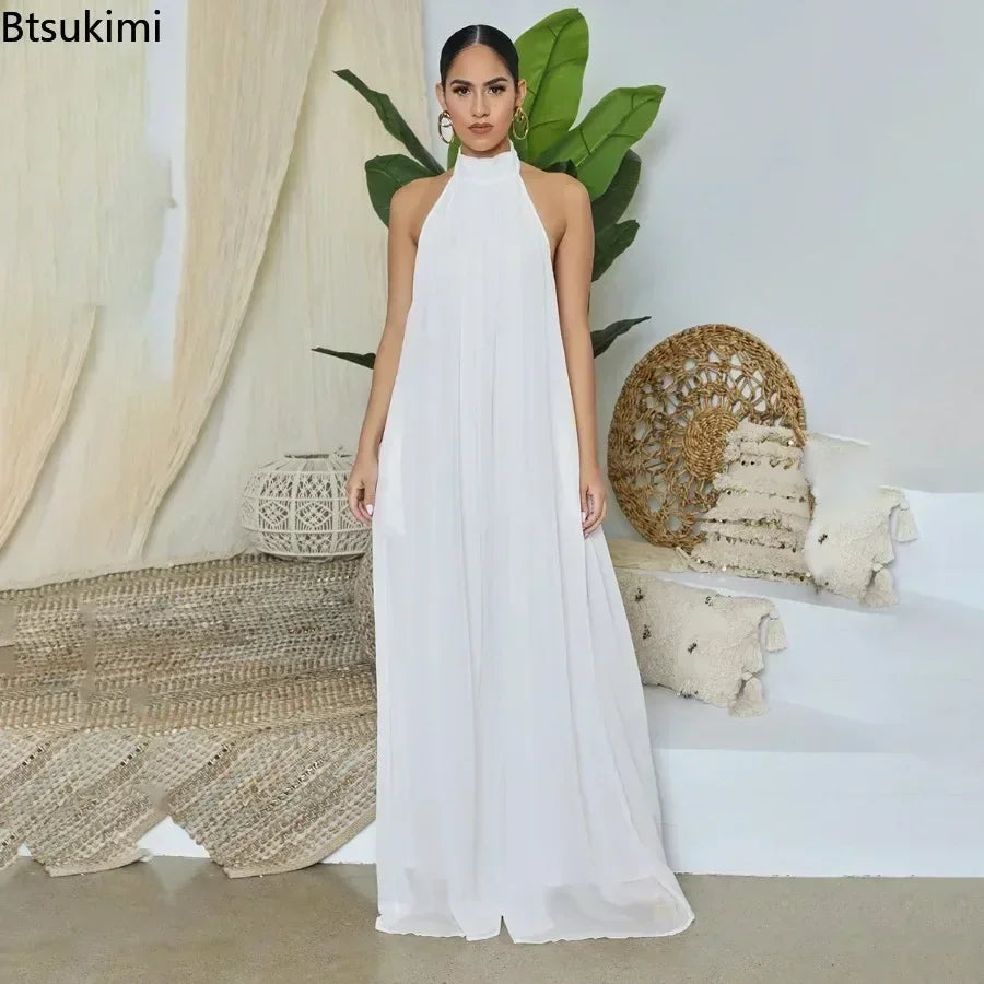 2026 New Women's Solid Chiffion Loose Halter Jumpsuits Sexy Backless Wide Leg Pants Rompers Fashion Party Elegant Women Clothing