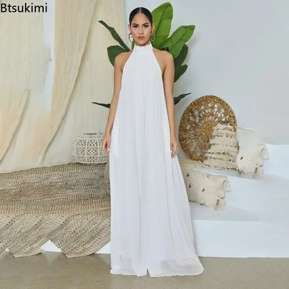 2026 New Women's Solid Chiffion Loose Halter Jumpsuits Sexy Backless Wide Leg Pants Rompers Fashion Party Elegant Women Clothing