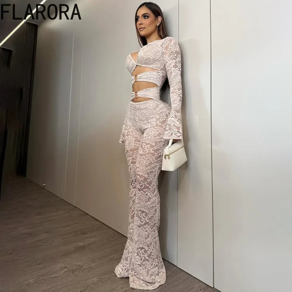 FLARORA Sexy Jacquard Lace Jumpsuits Woman Cutenew Hollow Out Ring Crop Bodycon Jumpsuit Hipster Stretch Midnight Street Overall