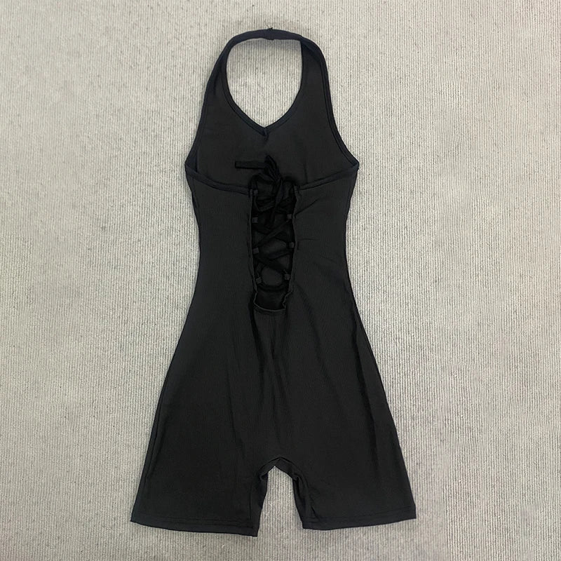2026 New Arrival Women Black Halter Neck Romper, Deep V Neck Backless Short Jumpsuit, Y2K Sexy Bodycon Playsuit for Club Party