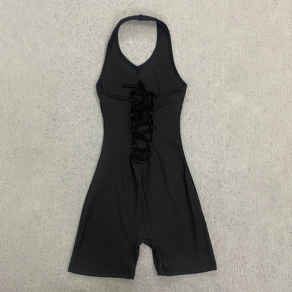 2026 New Arrival Women Black Halter Neck Romper, Deep V Neck Backless Short Jumpsuit, Y2K Sexy Bodycon Playsuit for Club Party