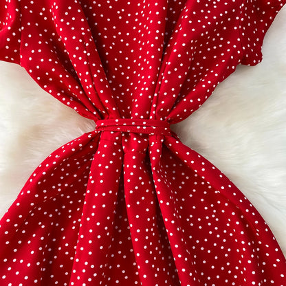 Summer Women Polka Dot Long Dress Vintage V-Neck Flying Sleeve High Waist Single Breasted A-Line Casual Vestidos Female Robe New