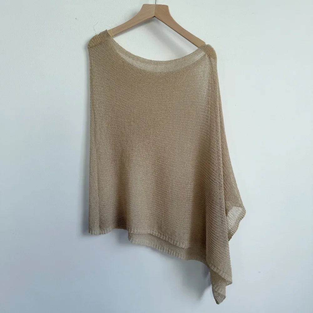 Casual Drop Shoulder Crochet Poncho Sweater Sheer Multi-wear Halter Shawl Irregular Knitted Cover-ups Vacation Outfits