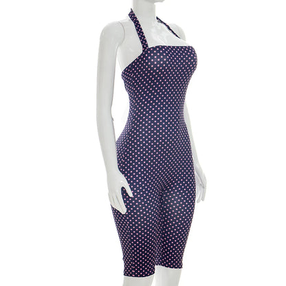 Fashionable polka dot sleeveless hanging neck slim fit jumpsuit, seven part jumpsuit